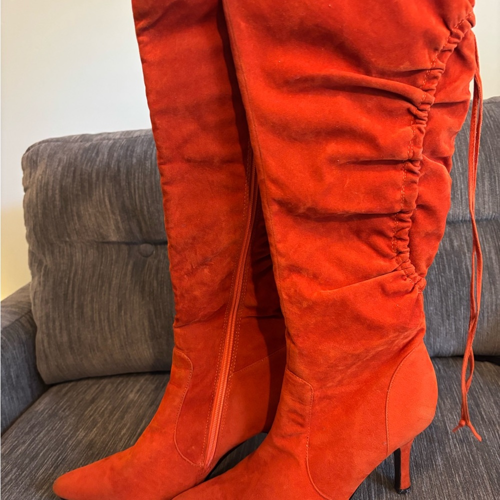 Suede Knee-High Boots in orange